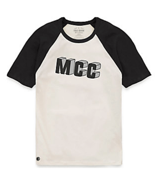 Macomb Community College white and black short sleeve shirt